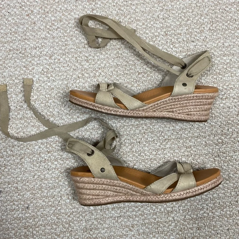 Ugg Tan and Gold Ankle Ribbon Espadrille Wedges